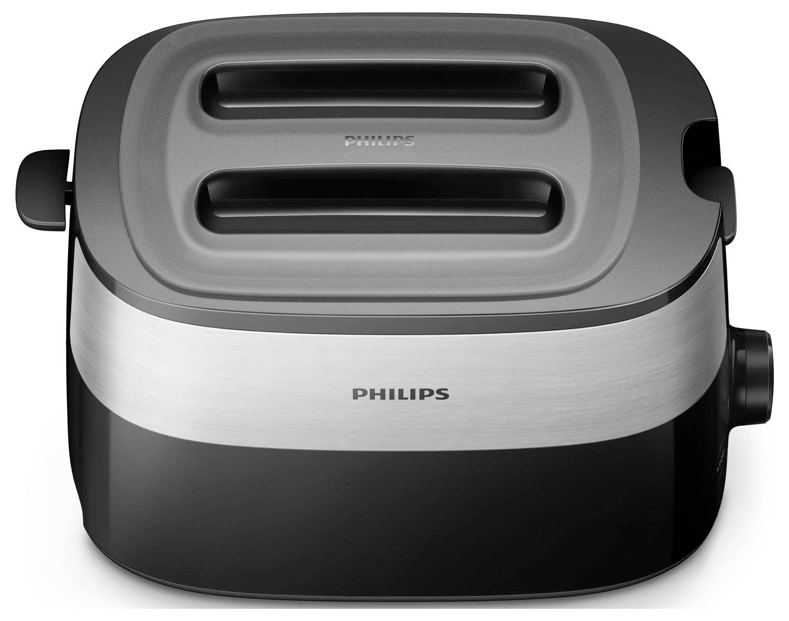 Cuiseur à vapeur électrique Philips avec deux plateaux de cuisson à la vapeur et design noir-argent, présenté en vue de face sur fond blanc.