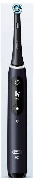 Brosse à dents électrique Oral-B noire présentée verticalement sur un fond clair, avec une tête de brosse ronde bleue et un bouton d'alimentation sur le manche.