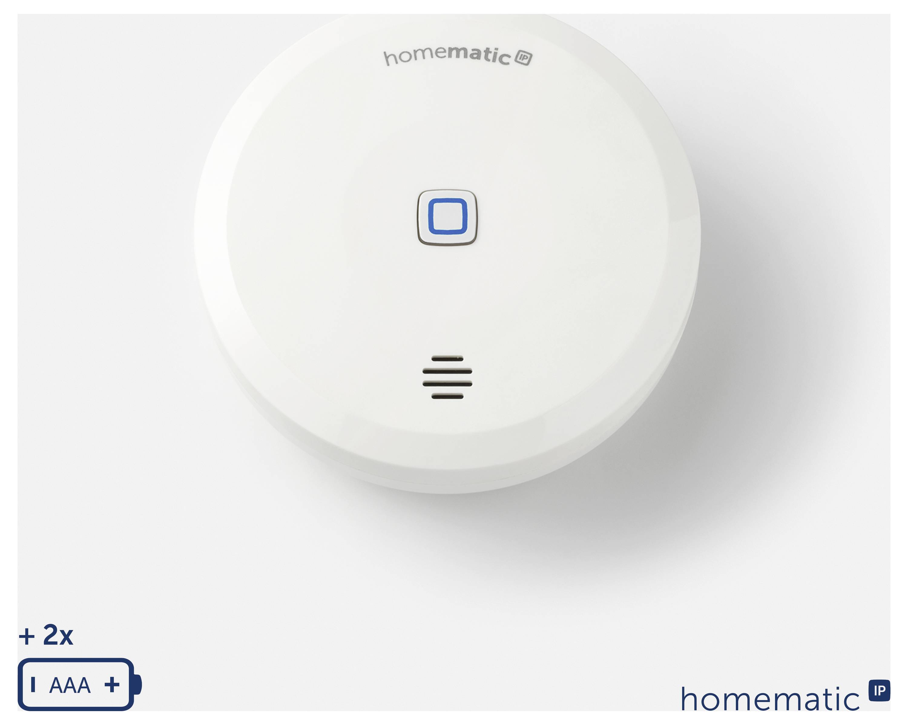 White round Homematic wall device with a blue-lit square center button and small grille below, shown on a plain background.