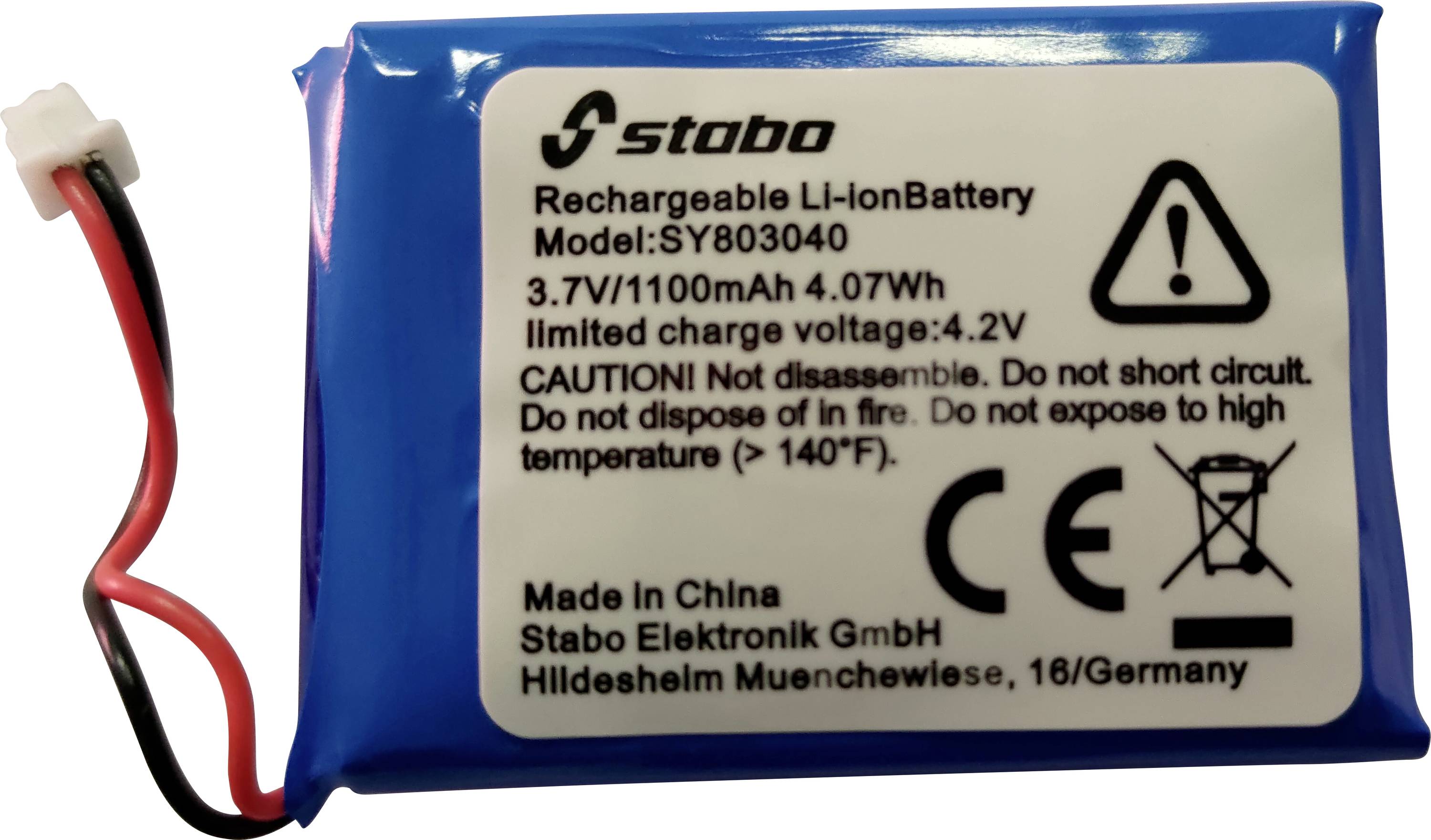 Bloc-batterie lithium-ion rechargeable bleu avec fils rouge et noir et étiquette indiquant 3,7V, 1100mAh, 4,07Wh.