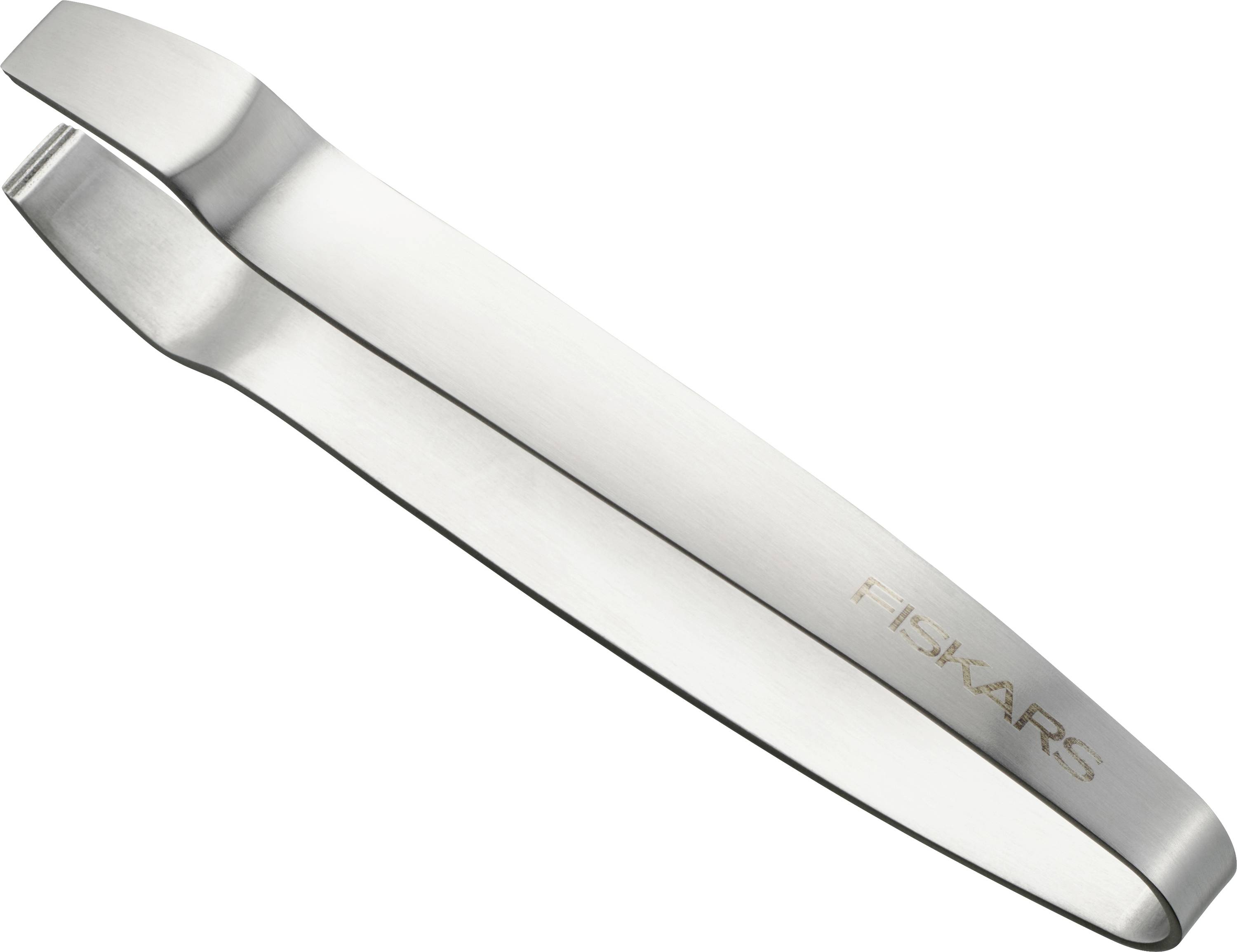 Edelstahlpinzette mit abgewinkelten, flachen Spitzen und FISKARS-Branding auf dem Griff.