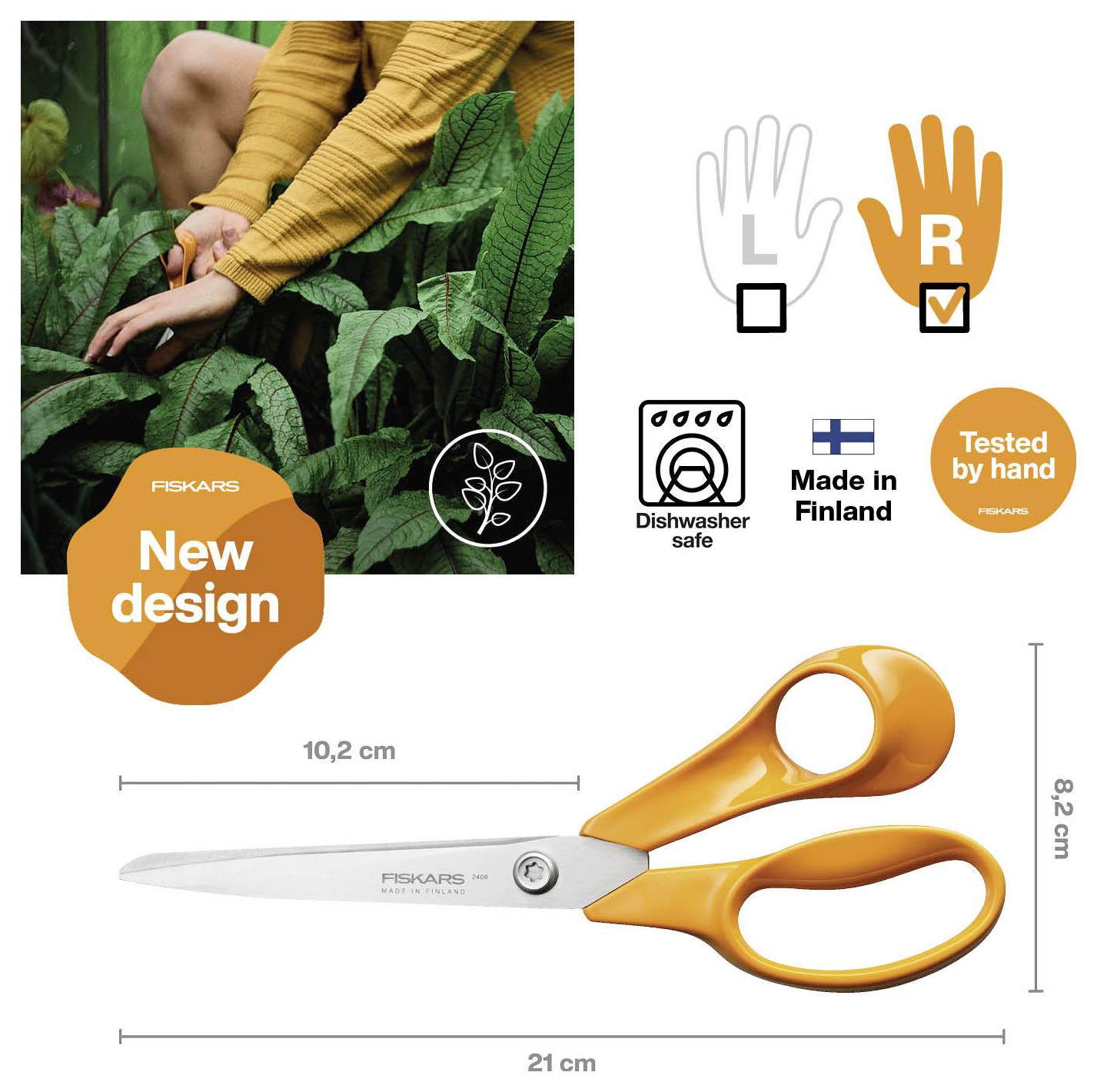 Fiskars orange-handled scissors product image showing new design, right-handed use, dishwasher safe, made in Finland, tested by hand, 21 cm long.