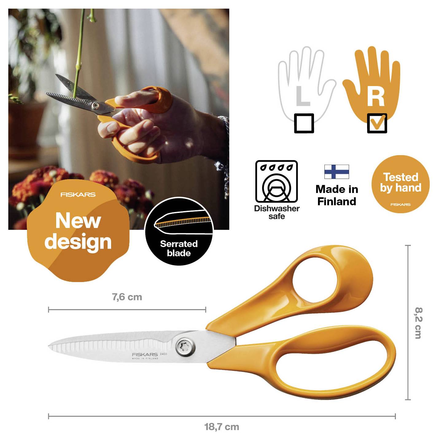 Image promotionnelle de ciseaux à lames dentelées Fiskars de couleur orange, présentés en utilisation et en photo produit, avec des étiquettes indiquant nouveau design, lave-vaisselle, fabriqué en Finlande, et testé à la main.
