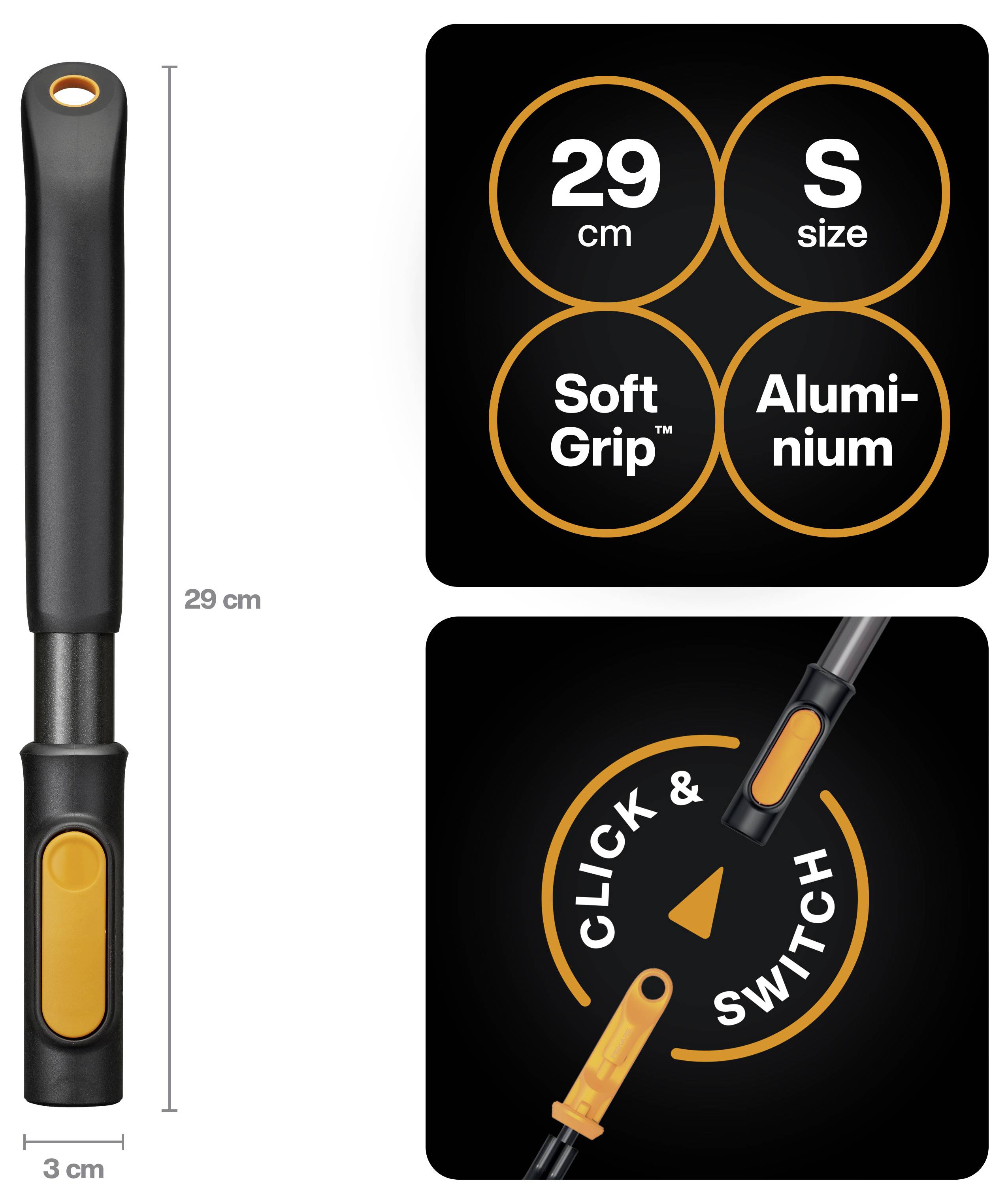 Illustration d'un manche d'ustensile noir et orange de 29 cm avec corps en aluminium « Soft Grip », taille S, et une fonction d'attache à clic.