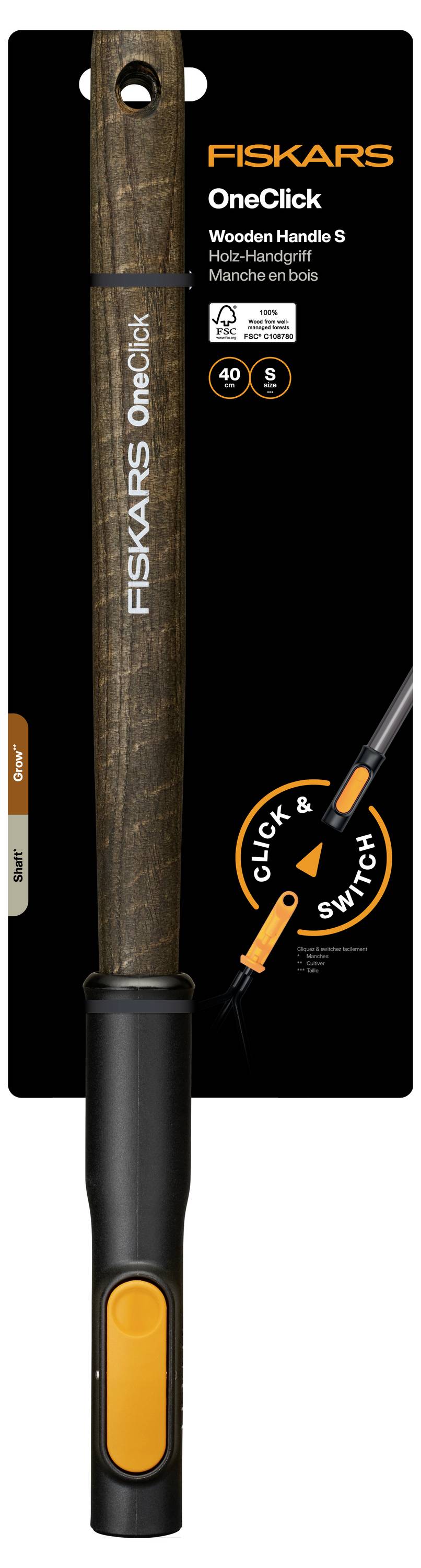 Binette manuelle Fiskars OneClick avec manche en bois, lame en aluminium, manche orange à système click-and-snap, et fonction « Click & Twist » illustrée sur l'emballage du produit.