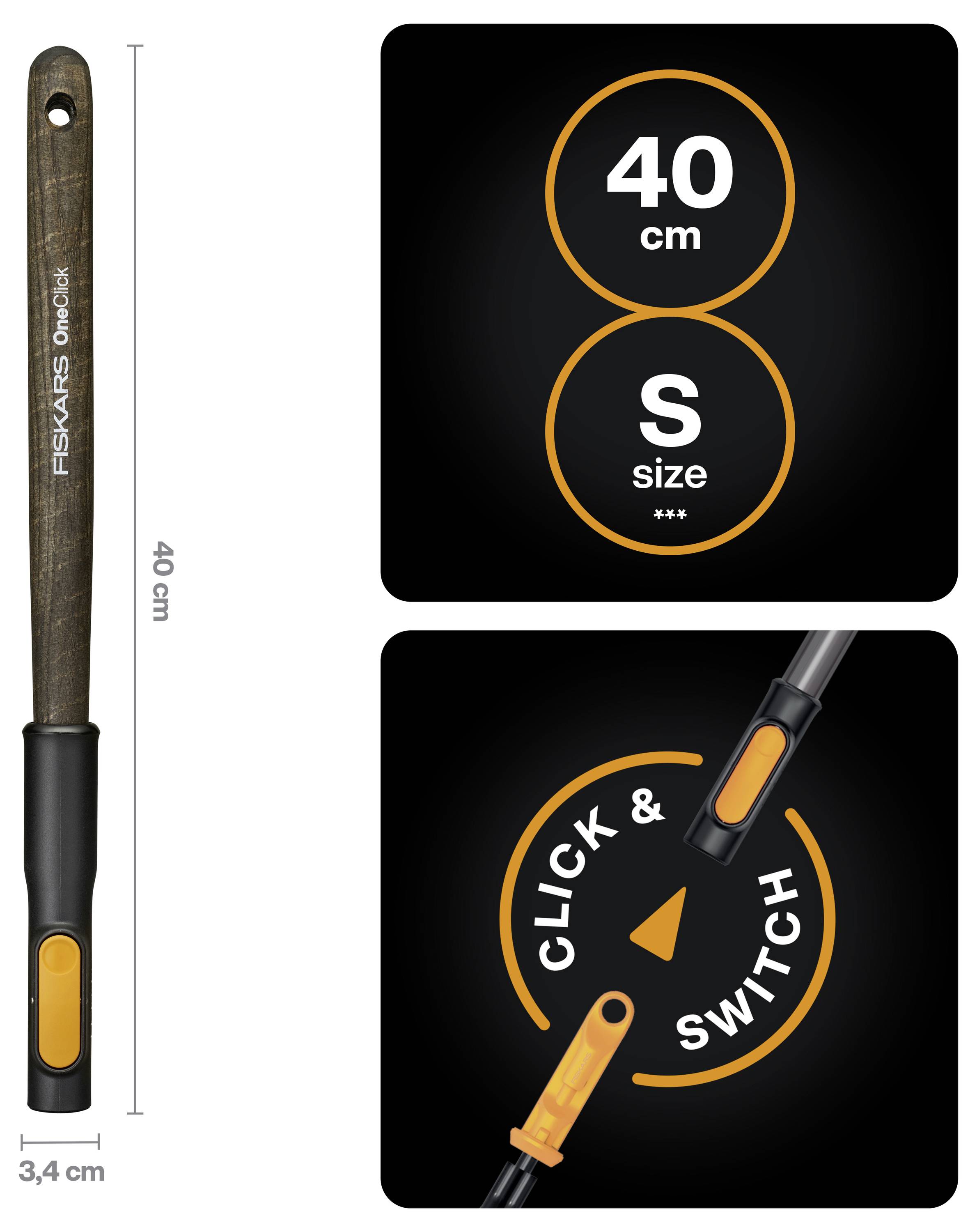 Outil de plein air Fiskars taille S de 40 cm avec manche en bois et système de poignée orange click-and-switch présenté dans deux zooms détaillés.