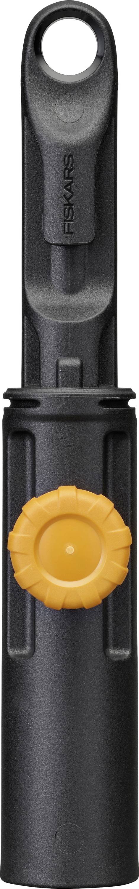 Manche d'outil noir Fiskars avec un bouton d'ajustement orange, présenté verticalement sur un fond blanc.