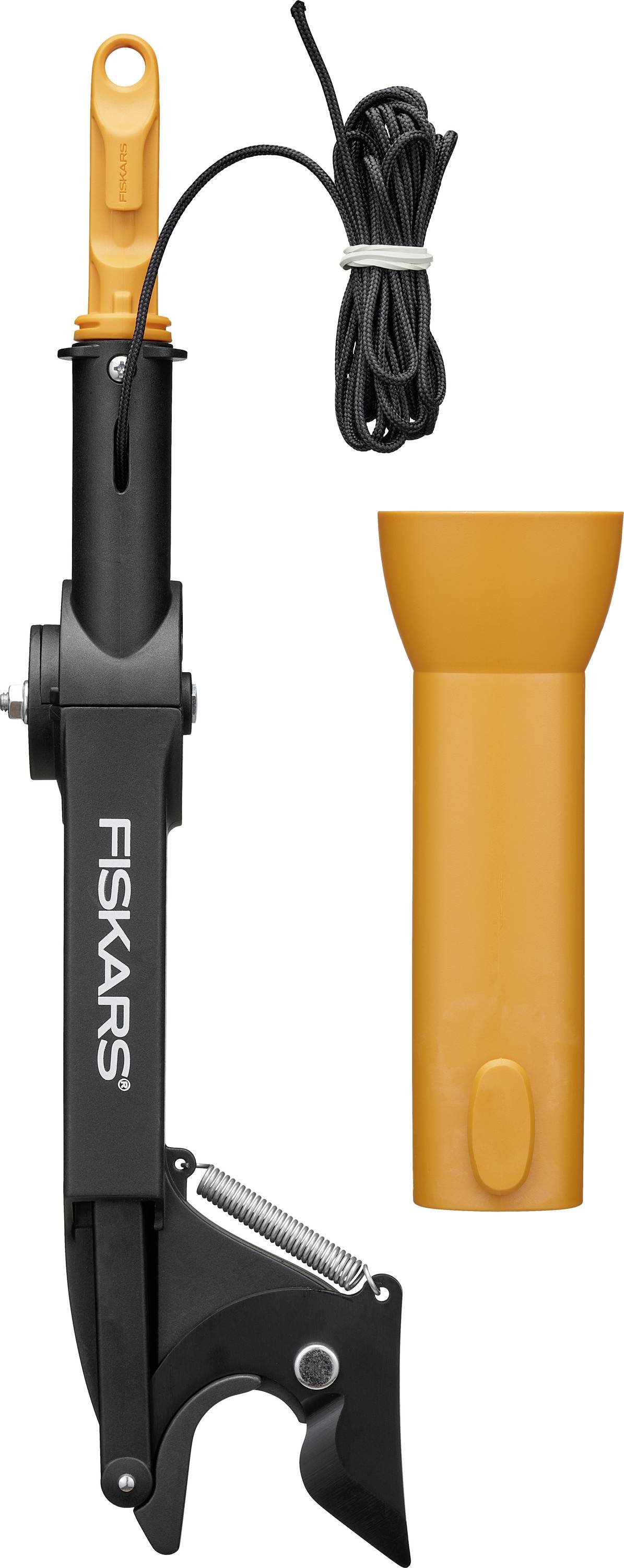 Outil de perche extensible Fiskars noir et orange avec un crochet et une poignée à gâchette, présenté aux côtés d'une pièce jointe orange et d'un cordon enroulé.
