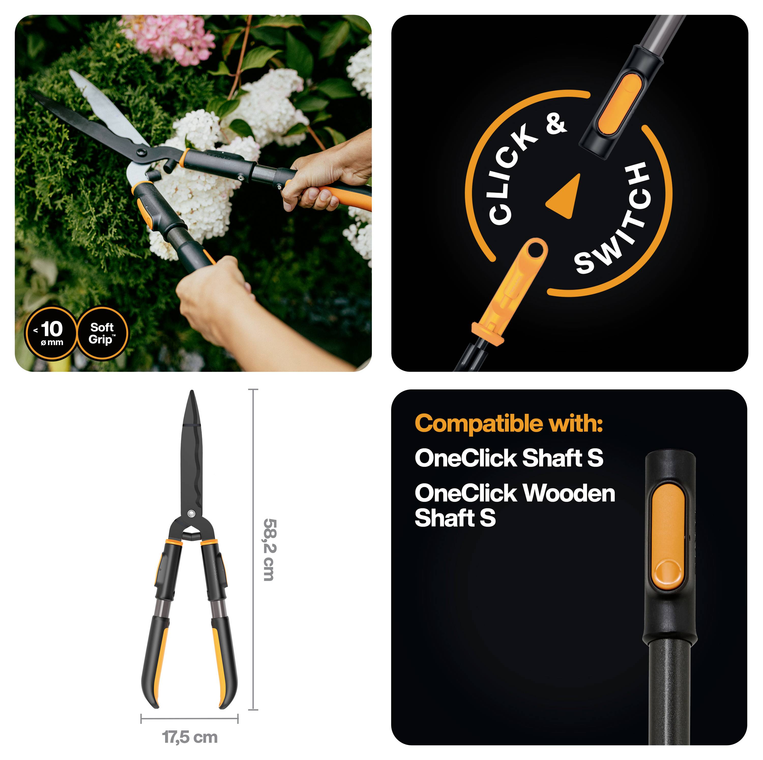 Collage montrant des sécateurs de jardin orange et noir avec poignée souple, un graphique de changement de tête « CLICK & SWITCH », les dimensions de taille, et la compatibilité avec les manches OneClick S et les manches en bois S.