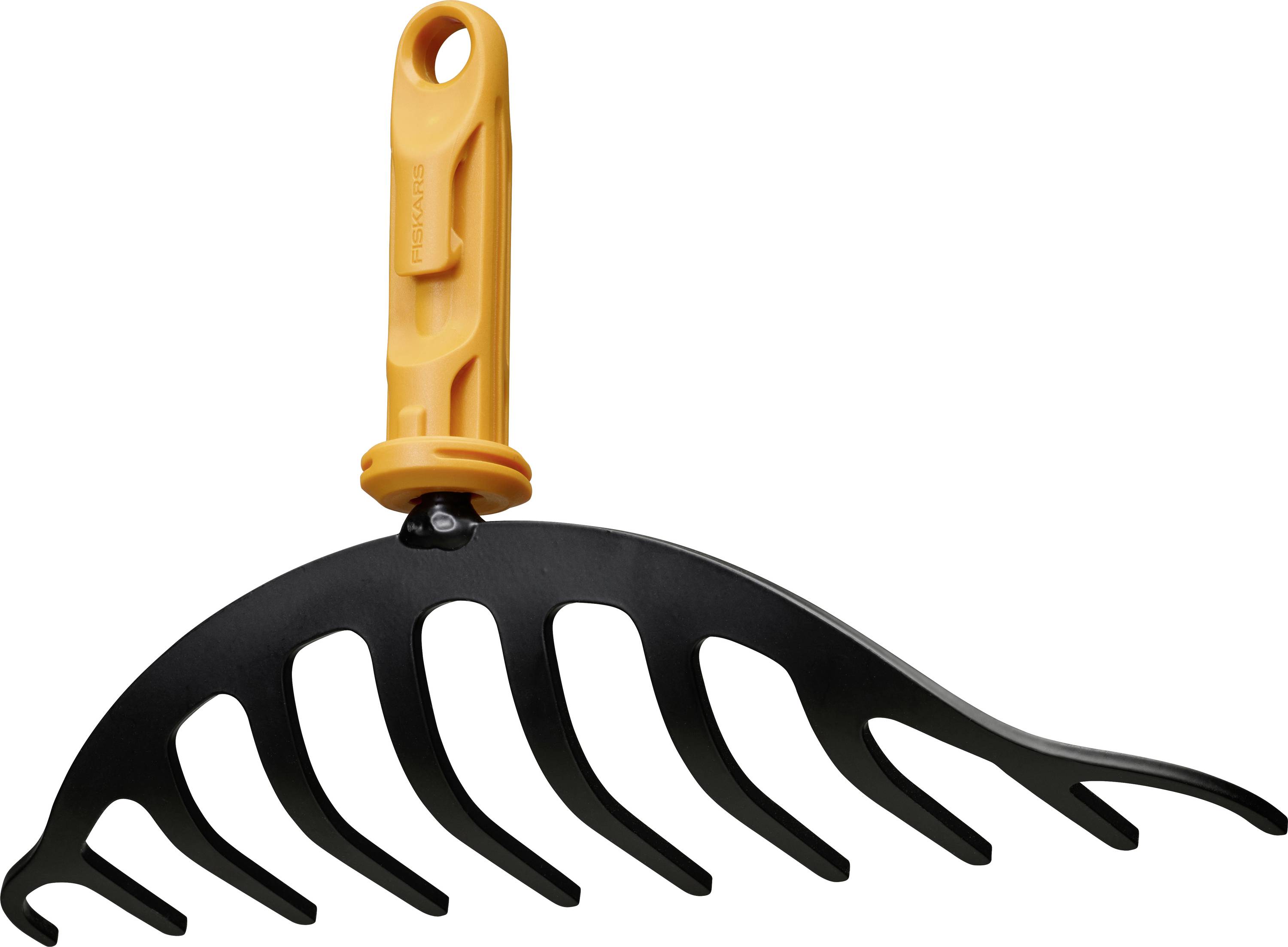 Tête de râteau à feuilles en plastique noir avec manche orange, isolée sur fond blanc.
