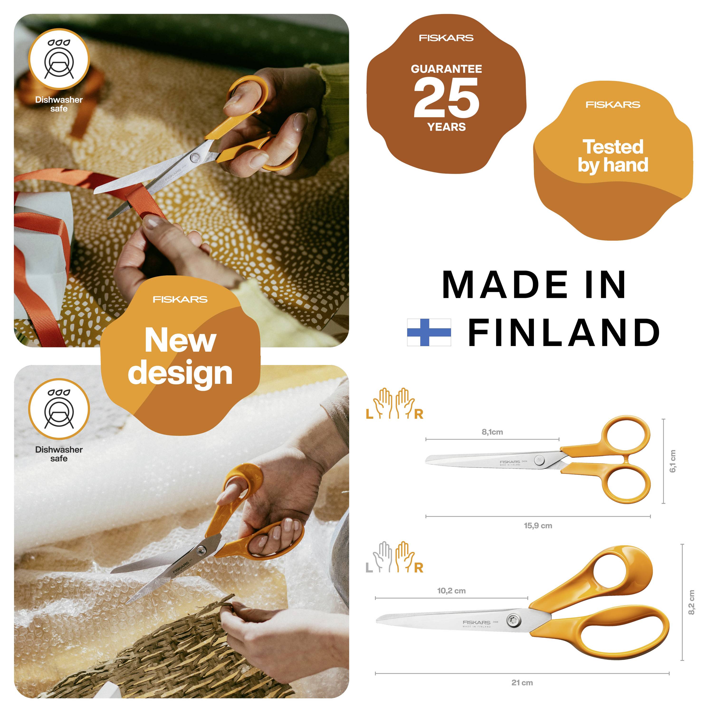 Ciseaux Fiskars avec annonce affichant « Nouveau design », « Garantie 25 ans », « Testé à la main », « Fabriqué en Finlande », icônes lave-vaisselle, et deux tailles de ciseaux avec mesures.