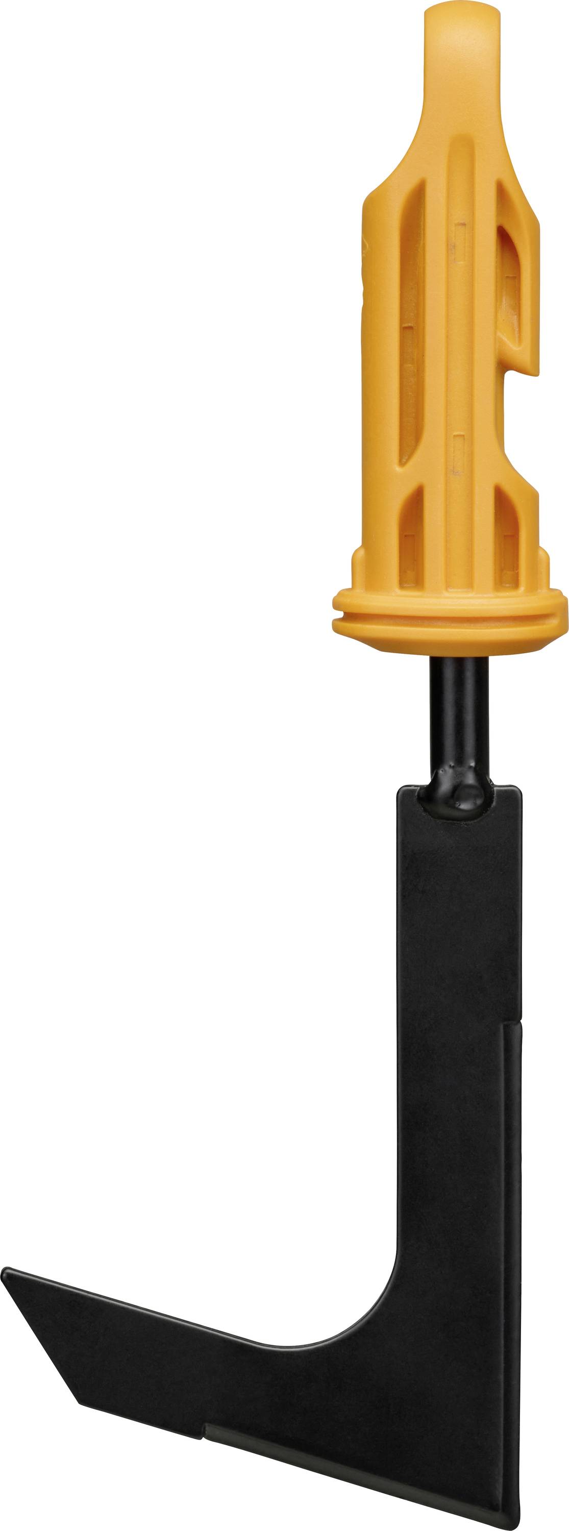 Équerre métallique noire avec angle droit et ancre murale en plastique orange attachée au sommet, présentée sur un fond blanc.