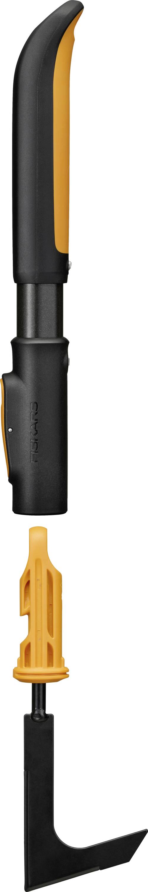 Vue éclatée d'un outil manuel noir et orange avec un manche incurvé et un insert orange séparé au-dessus d'une lame noire recourbée, montrant ses pièces et son assemblage.