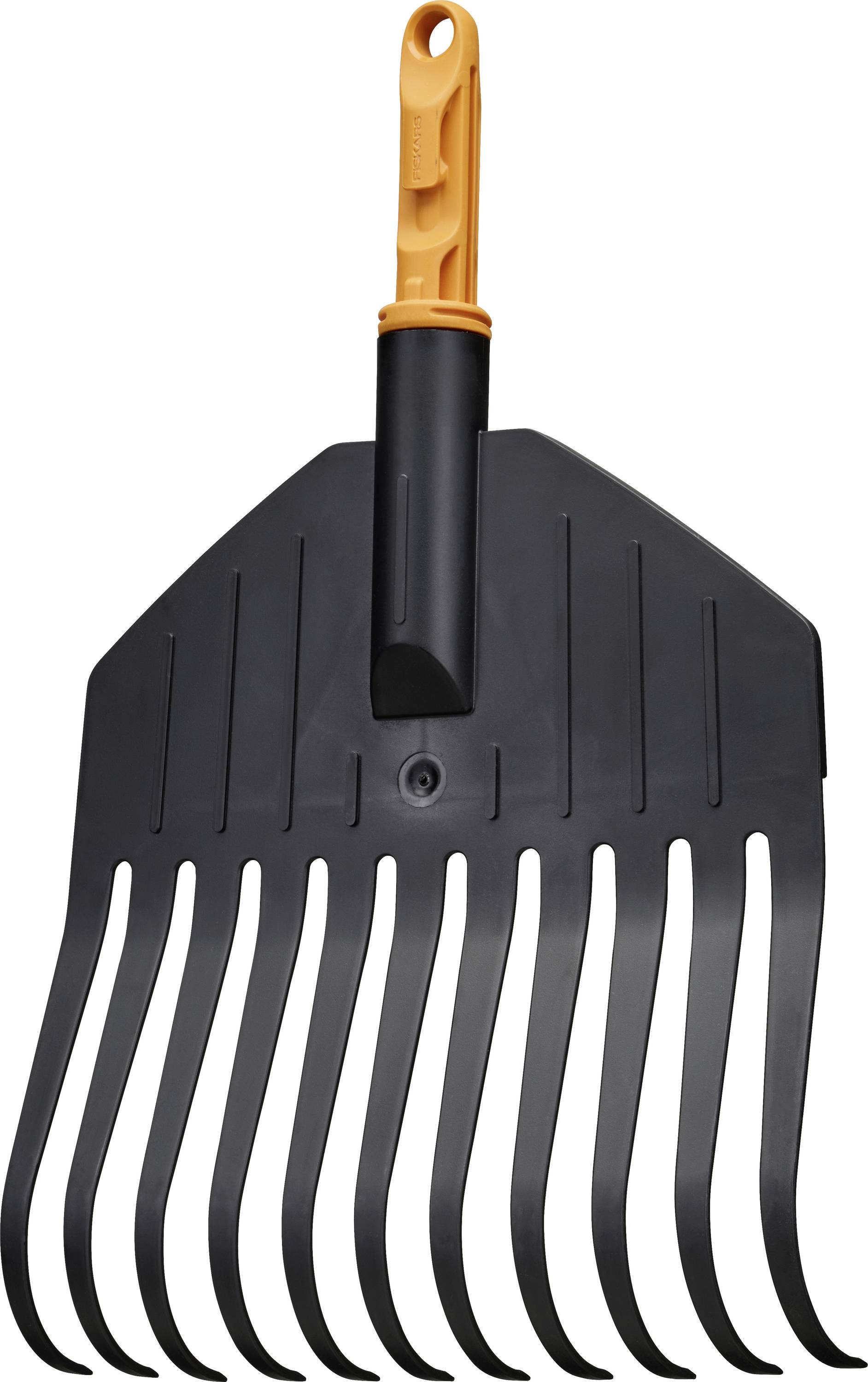Râteau de jardin en plastique noir avec manche orange, présenté sur un fond blanc.