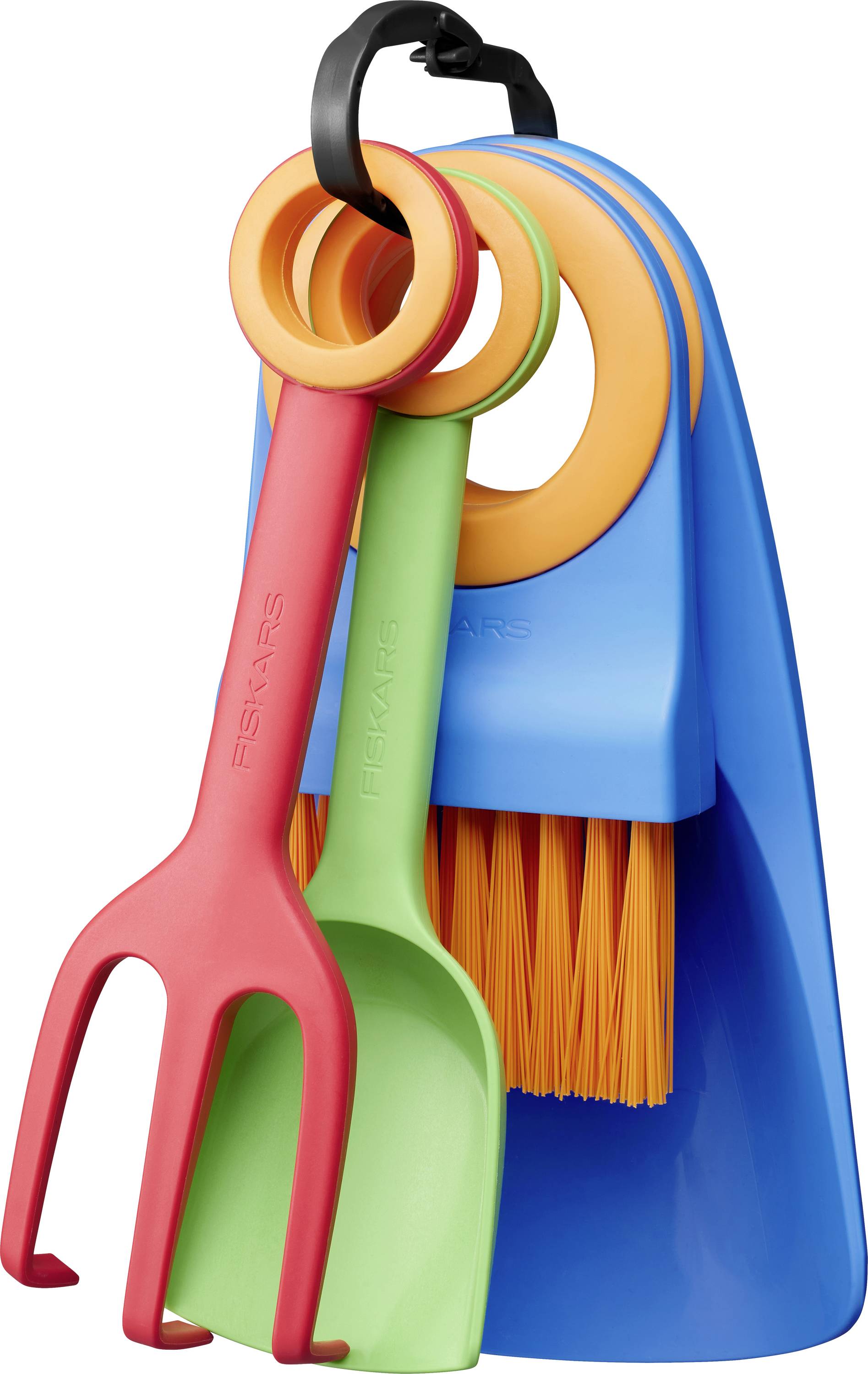 Ensemble de nettoyage pour enfants avec pelle à poussière bleue, brosse orange et outils de jeu rouges et verts accrochés à une boucle noire.
