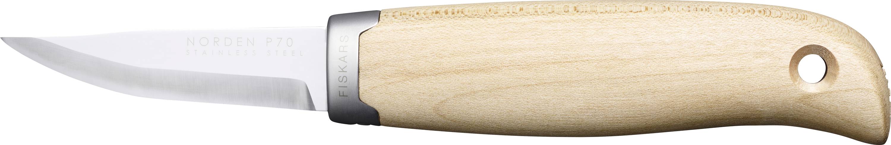 Couteau à lame fixe avec manche en bois, lame courbe et trou de lanière dans le manche.