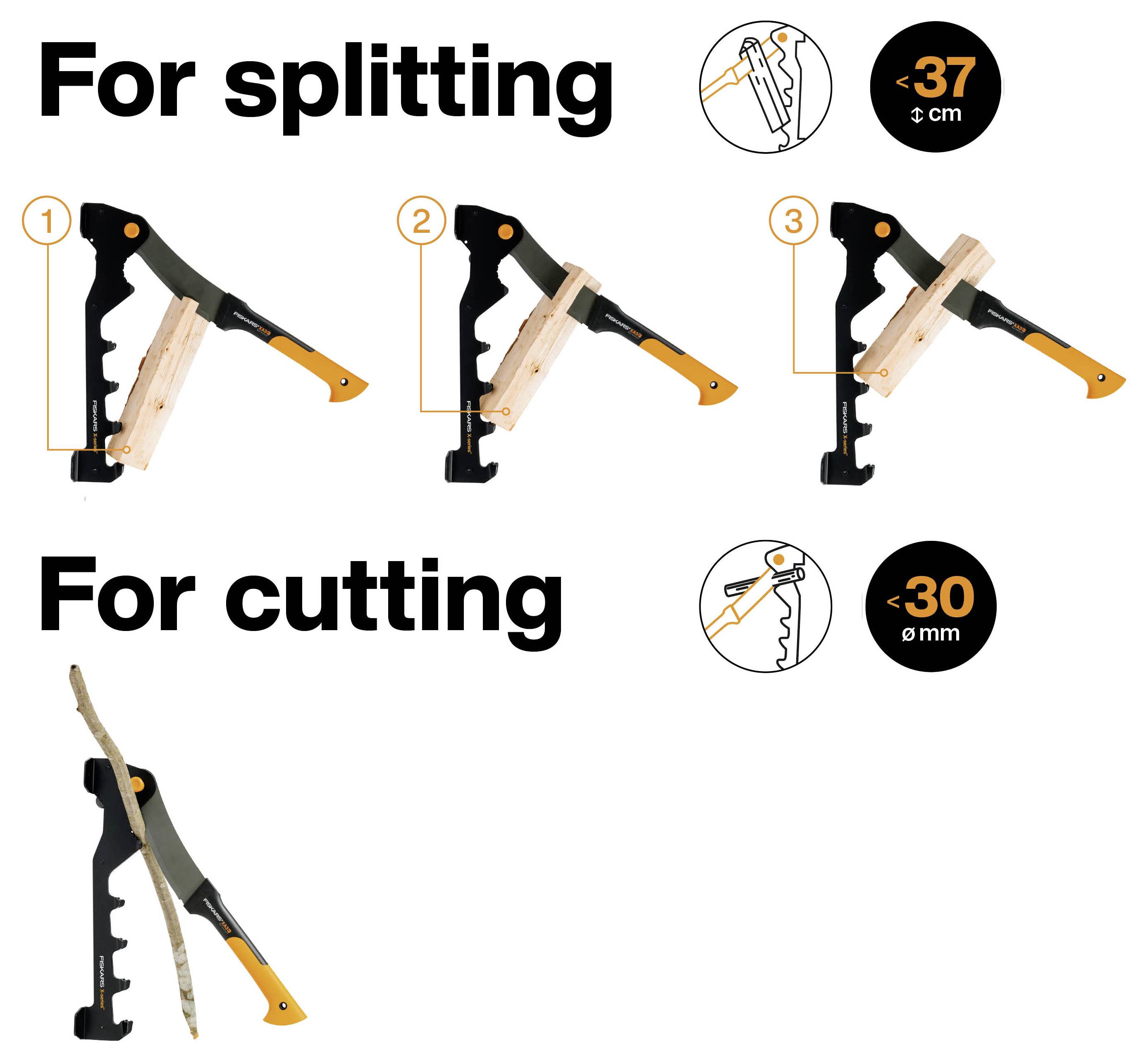 Diagramme montrant un outil forestier utilisé pour fendre les bûches et couper les branches, avec des positions étape par étape et des limites de taille : fendre sous 37 cm, couper sous 30 mm.