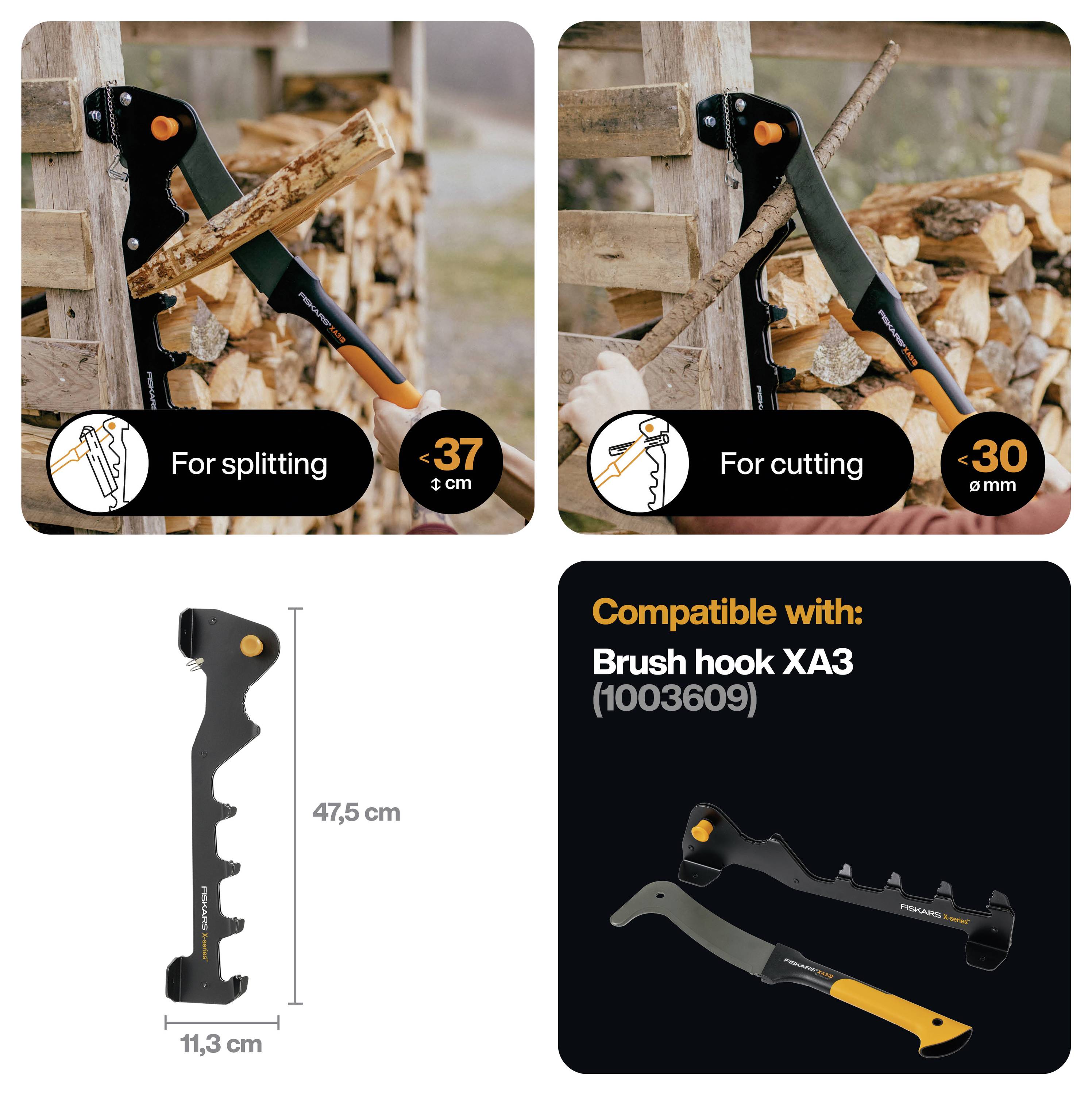 Infographie produit pour un outil de fendage et de coupe du bois Fiskars : pour fendage jusqu'à 37 cm, pour coupe jusqu'à 30 cm, longueur 47,5 cm, largeur 11,3 cm, compatible avec le crochet de broussailles XA3 (1003609).
