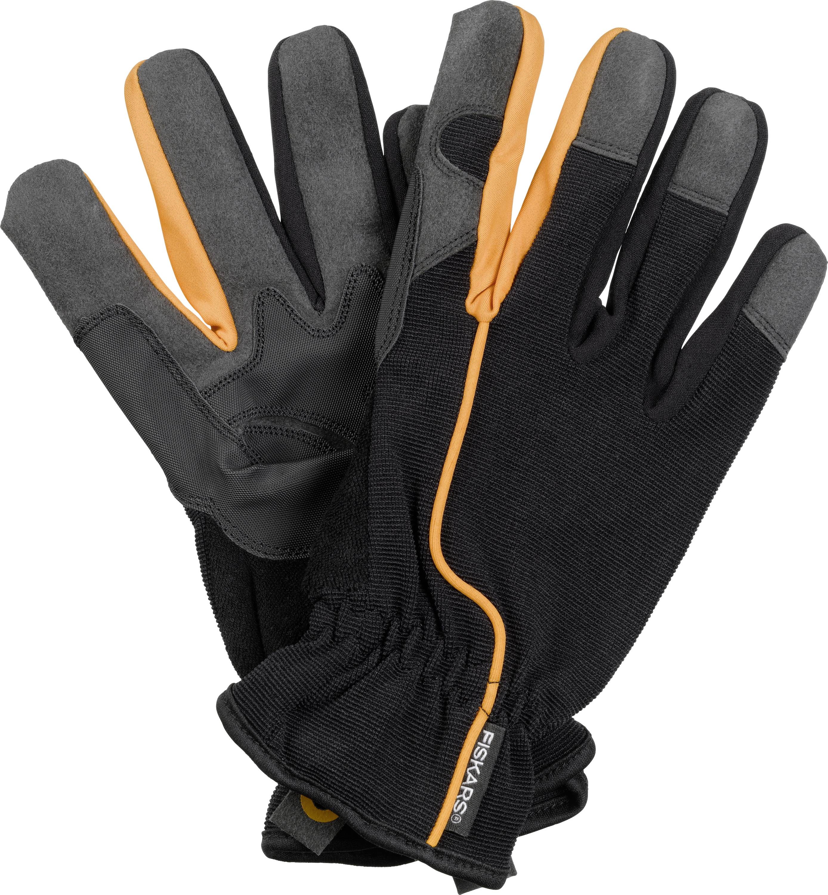 Paire de gants de travail noirs avec des détails orange, présentés croisés sur un fond blanc.
