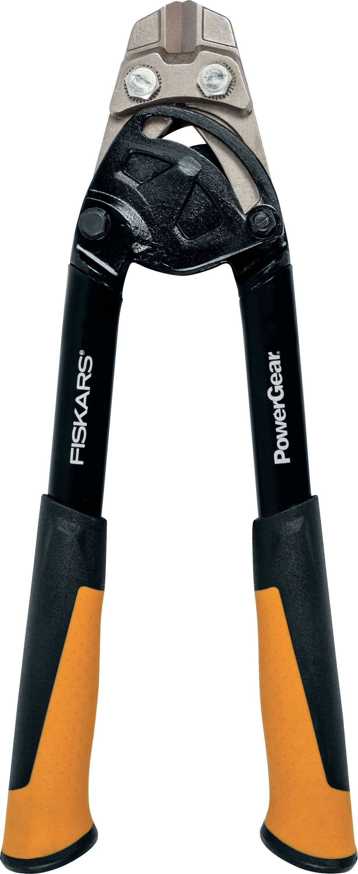 Une paire de coupe-boulons Fiskars PowerGear avec des poignées noires et des revêtements orange, présentée sur un fond blanc.