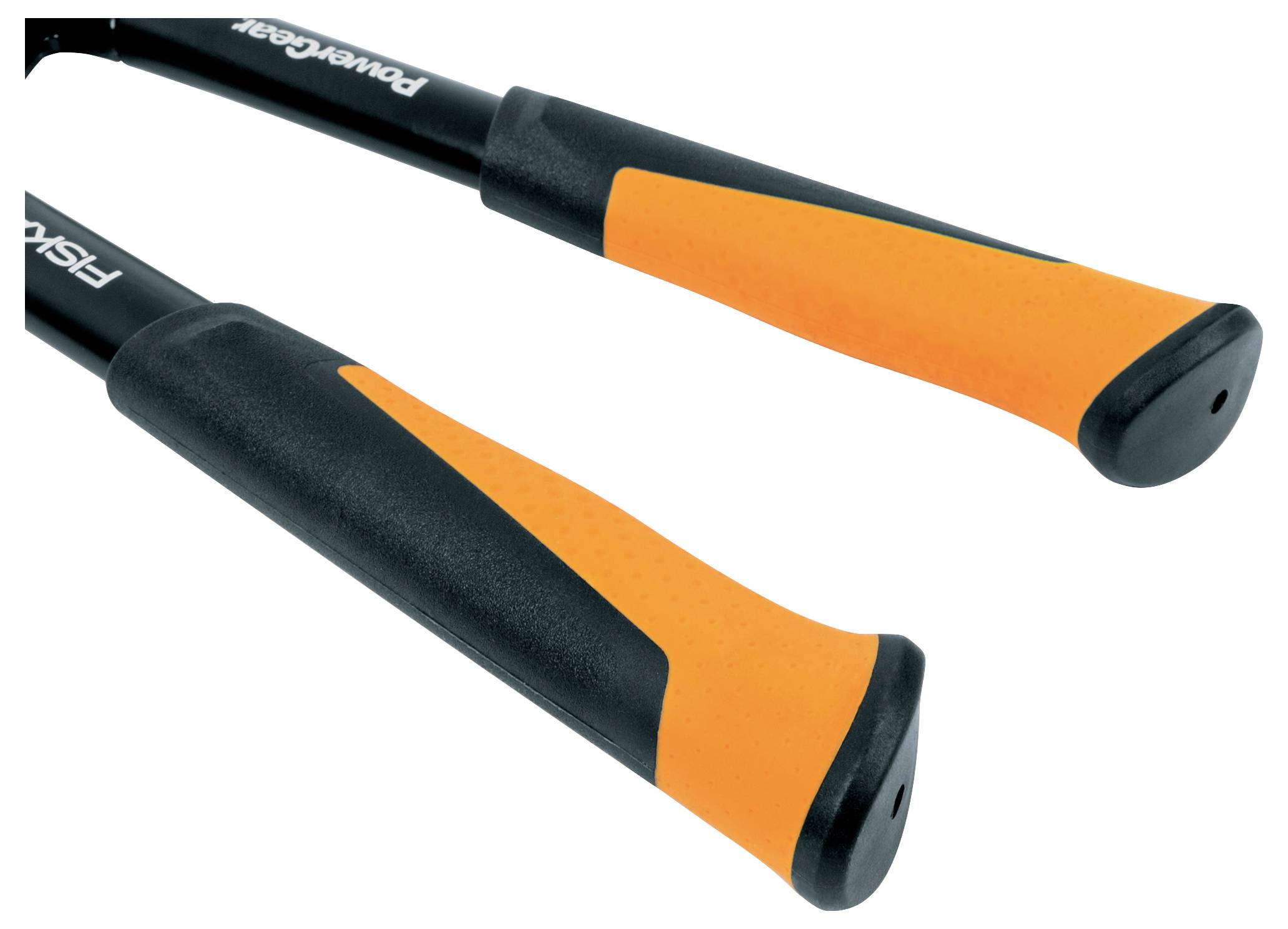 Deux poignées de taille-haie PowerGear noires et orange avec des embouts arrondis sur un fond blanc.
