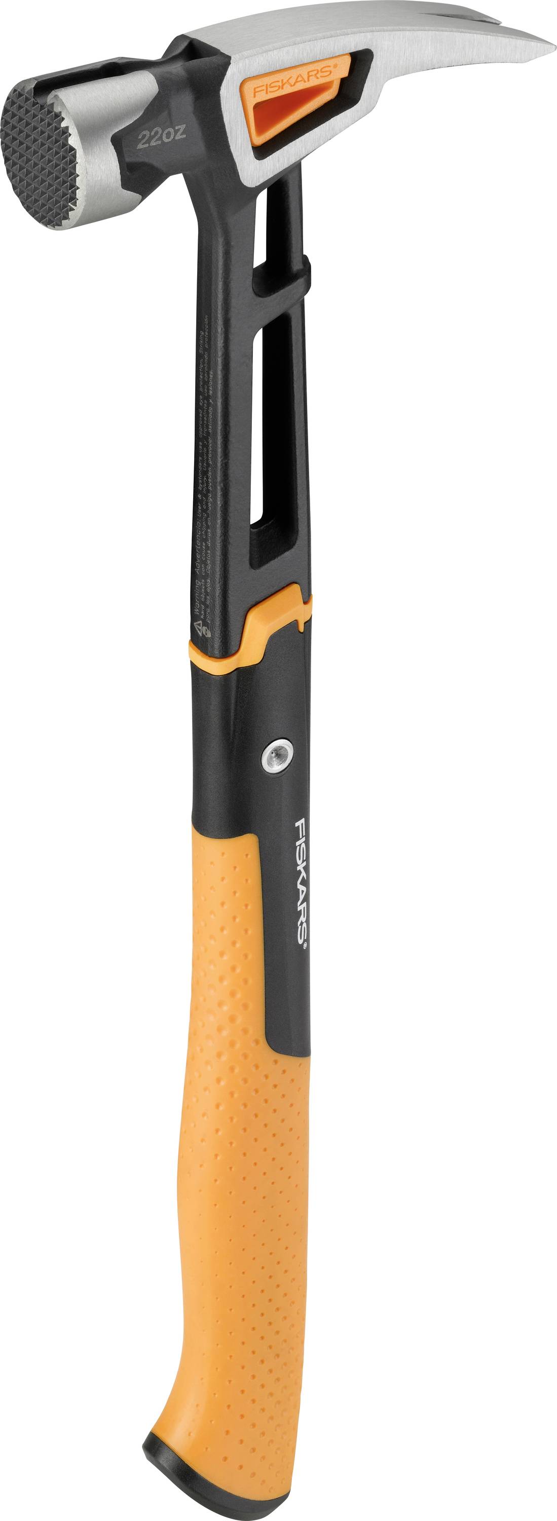 Marteau de griffe avec manche noir et orange sur un fond blanc, présenté verticalement.