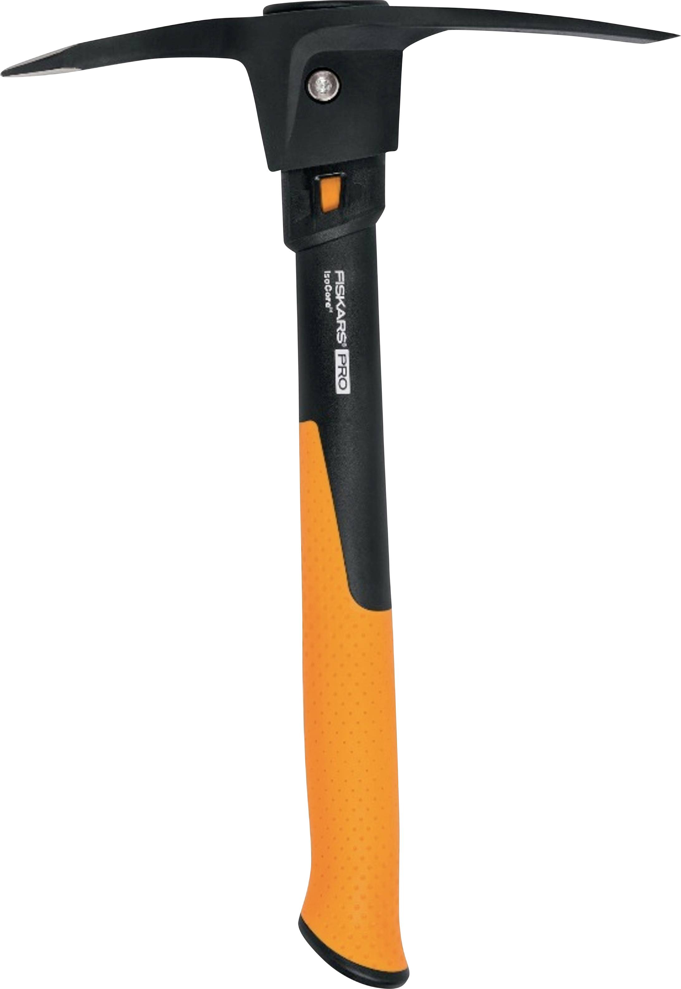 Piolet noir et orange avec un pic et une pointe, présenté verticalement sur fond blanc.