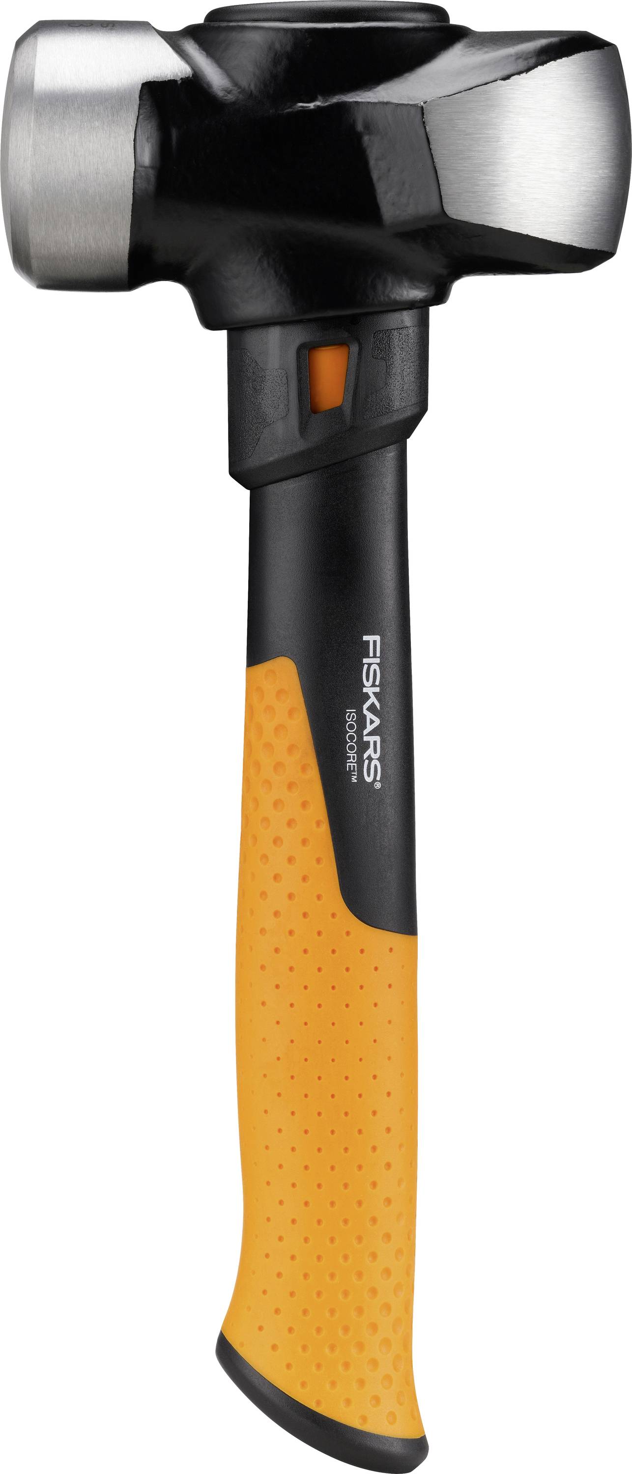 Marteau à pince Fiskars noir et orange avec poignée texturée et tête en acier, présenté sur un fond blanc.