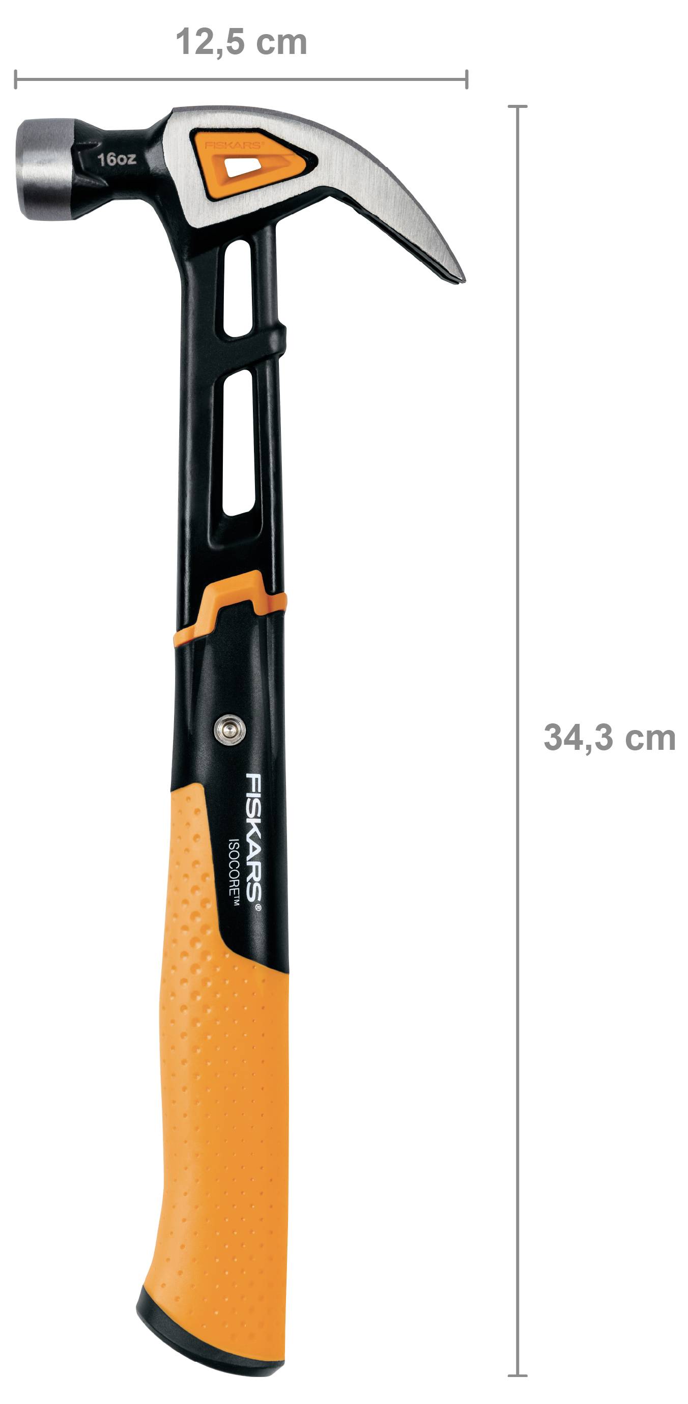 Un marteau de charpentier avec un manche noir et orange, montré avec des dimensions indiquées : 12,5 cm de largeur et 34,3 cm de longueur.