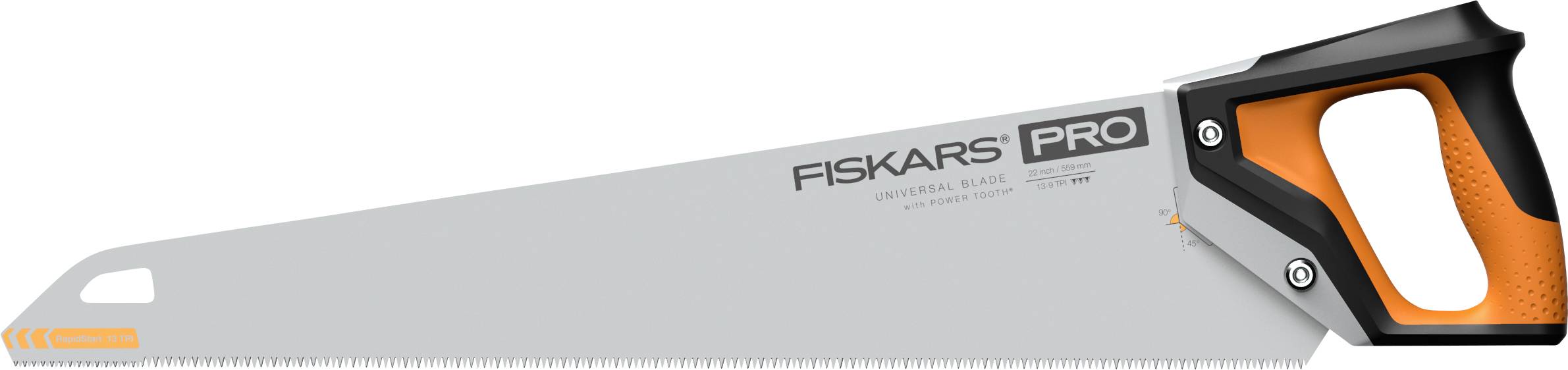 Scie à main avec une lame Fiskars Pro argentée et un manche orange et noir sur fond blanc.