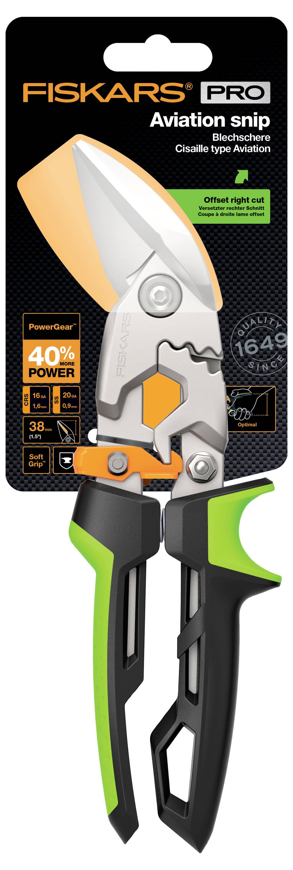 Paquet de Cisailles Fiskars Pro Aviation, montrant des cisailles en métal orange et argent avec des poignées noires et vertes et des étiquettes mettant en évidence une puissance de 40% et une capacité de coupe droite/gauche
