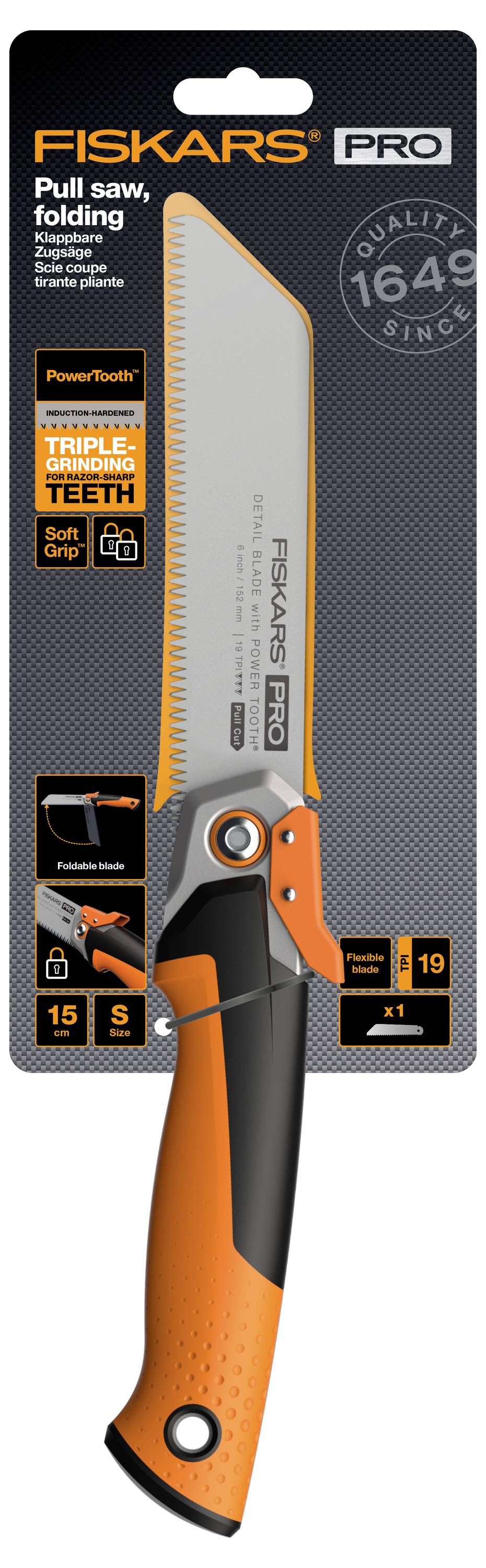 Emballage pour une scie à tirant Fiskars Pro, scie pliante avec lame de 9,5 po, dents affûtées triple meule, poignée souple et 19 TPI.