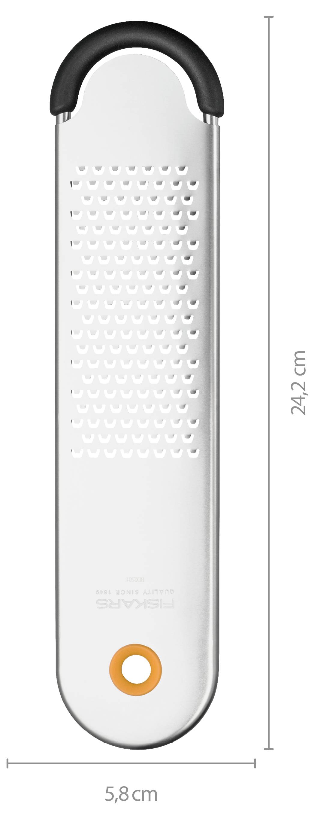 Weißer tragbarer Reibe- oder Zesterschaber mit schwarzem Griff, orangefarbigem Ring am unteren Ende, gezeigt mit den Maßen 24,2 cm Höhe und 5,8 cm Breite.