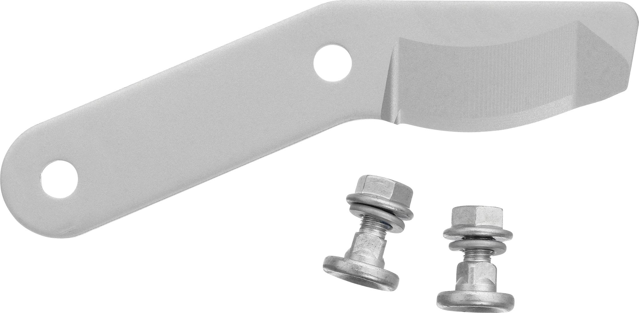 Une lame de couteau pliant en argent avec deux vis à côté, présentée sur un fond blanc.