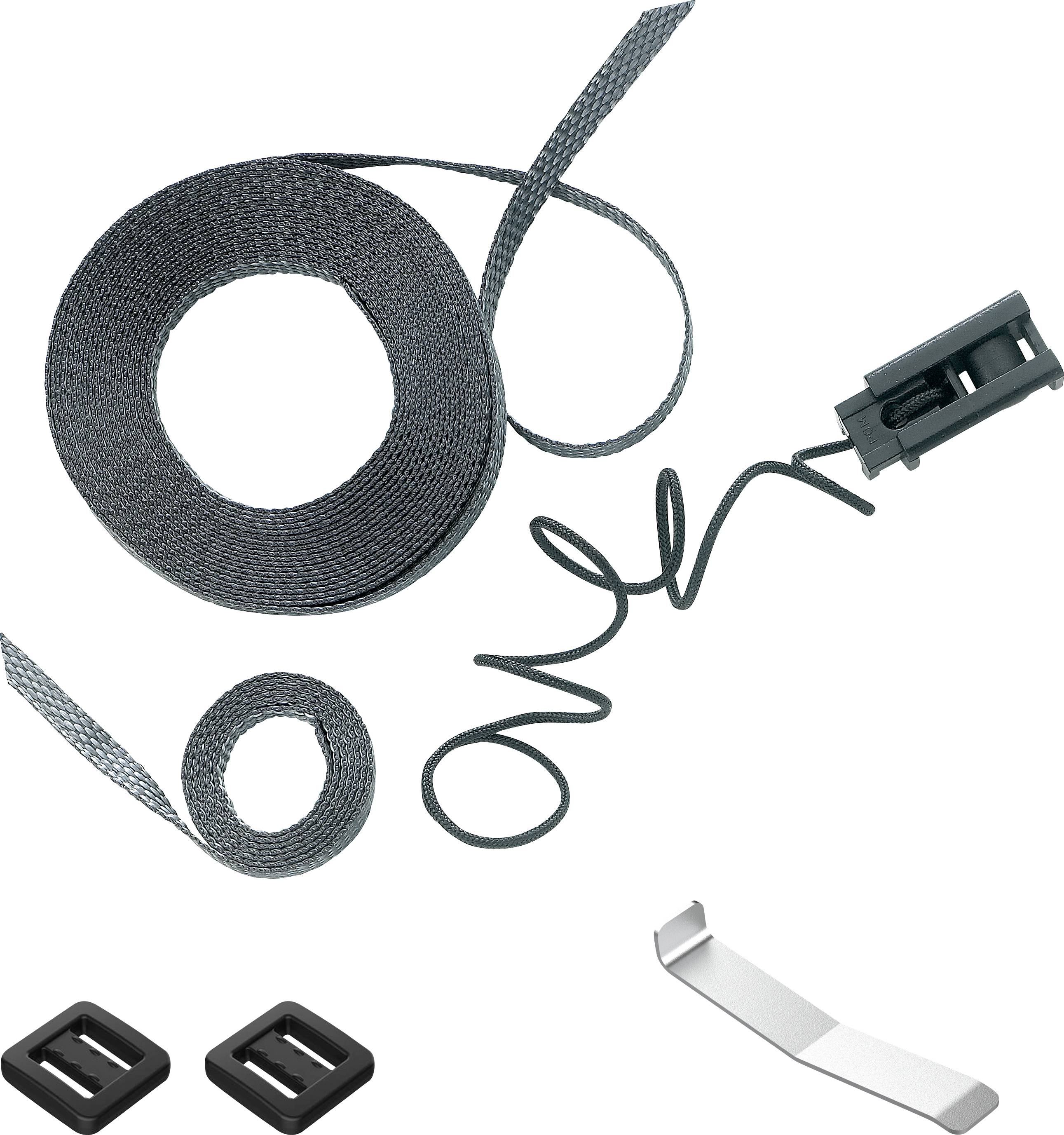 Assortiment de colliers de serrage noirs et de clips de fixation, incluant des rouleaux de matériau de sangle, sur fond blanc.