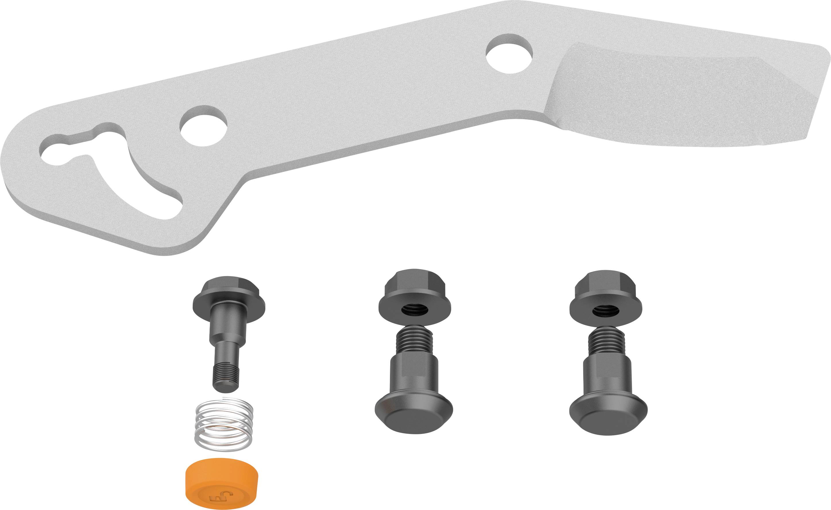 Bracket métallique argenté montré au-dessus de trois ensembles de fixations, comprenant deux boulons noirs et une goupille avec ressort et capuchon orange, suggérant un kit de matériel d'assemblage.