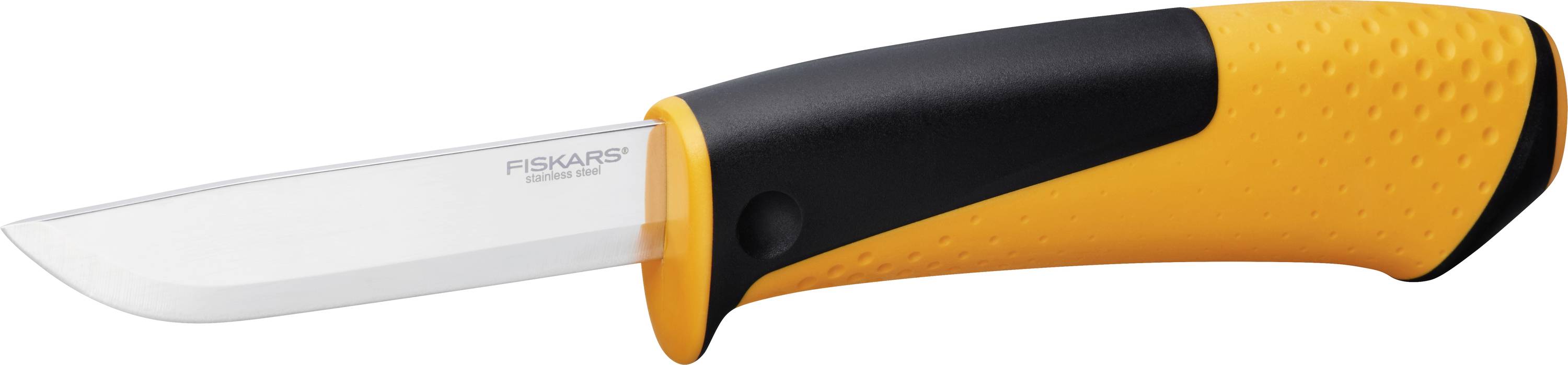 Couteau utilitaire Fiskars avec un manche ergonomique orange et noir et une courte lame argentée sur fond blanc.