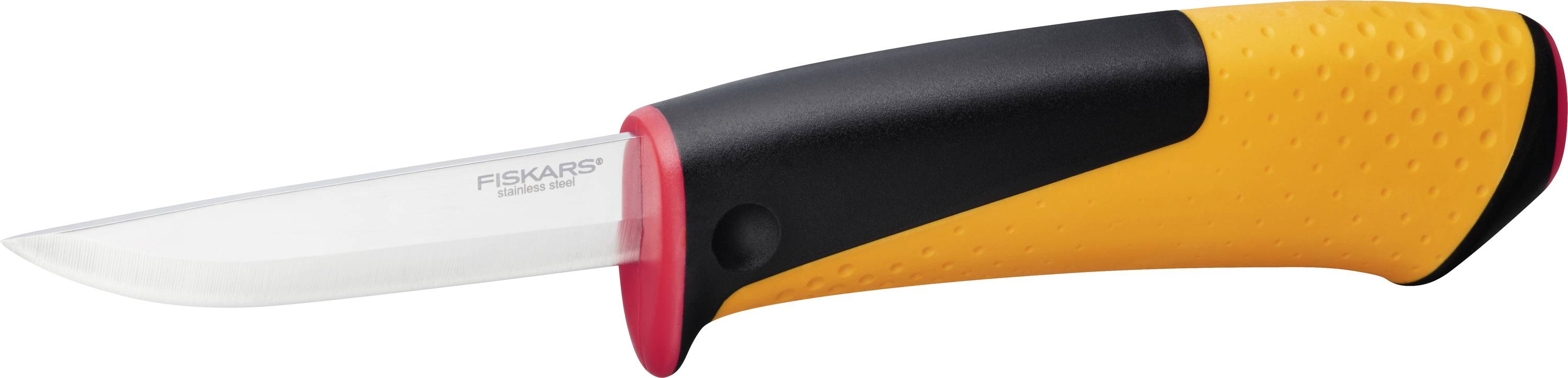 Couteau de cuisine avec un manche ergonomique noir et orange et une lame argentée, présenté sur un fond blanc.