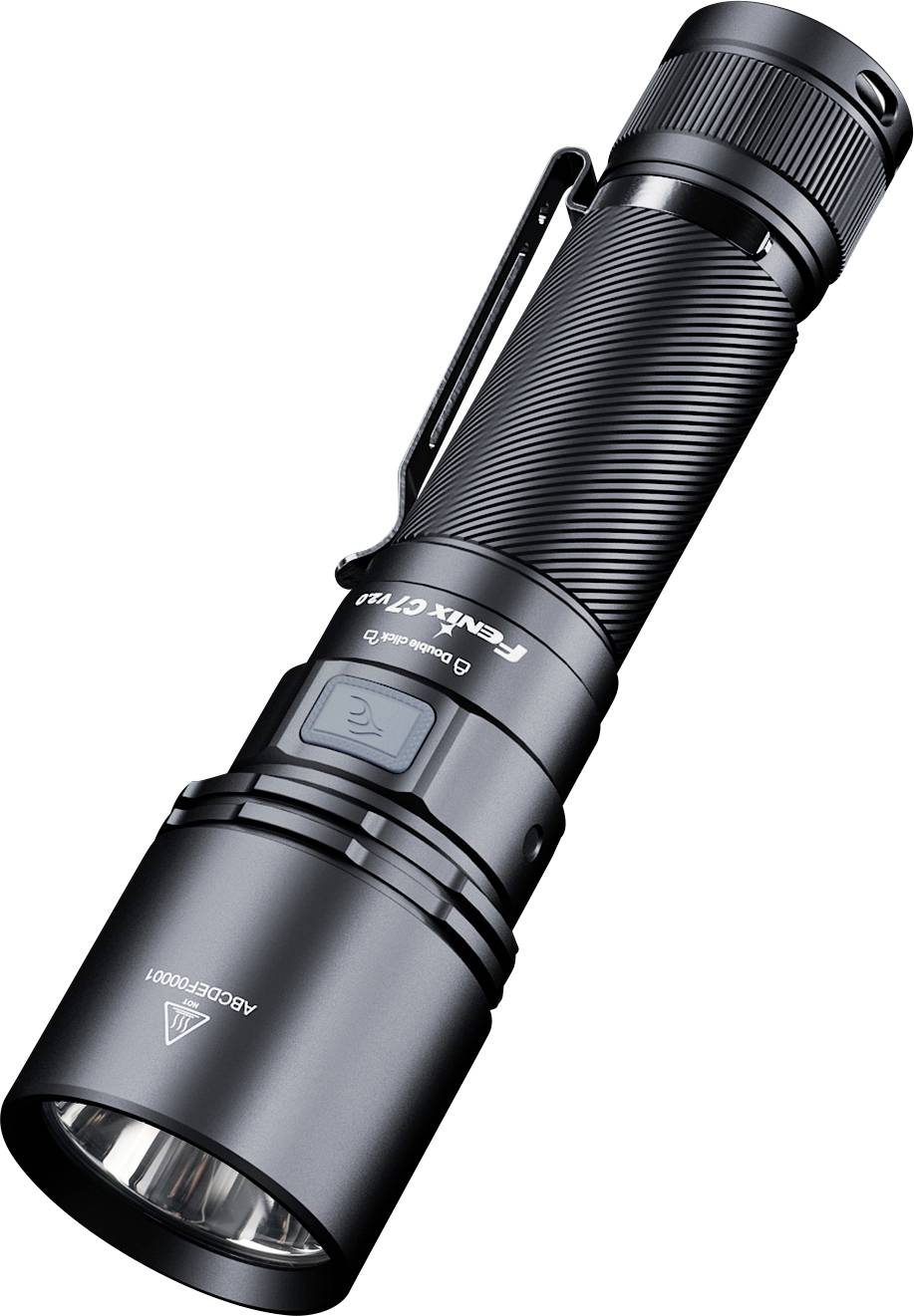 Lampe de poche LED noire avec clip et poignée rainurée, présentée en angle sur un fond blanc.