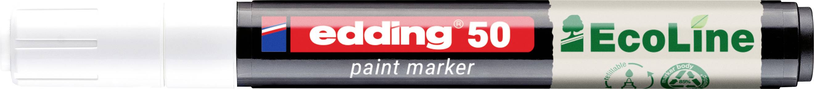 Marqueur de peinture Edding 50 EcoLine avec capuchon noir et corps blanc, présenté dans un emballage de marque rouge et vert.