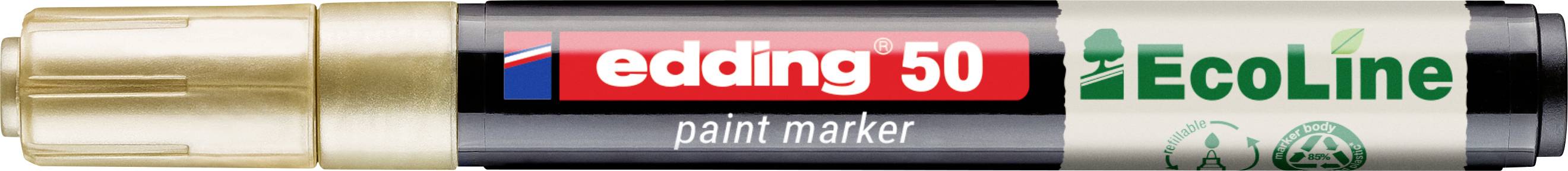 Marqueur de peinture Edding 50 EcoLine avec capuchon doré, étiquette rouge et corps noir, présenté horizontalement sur un fond blanc.