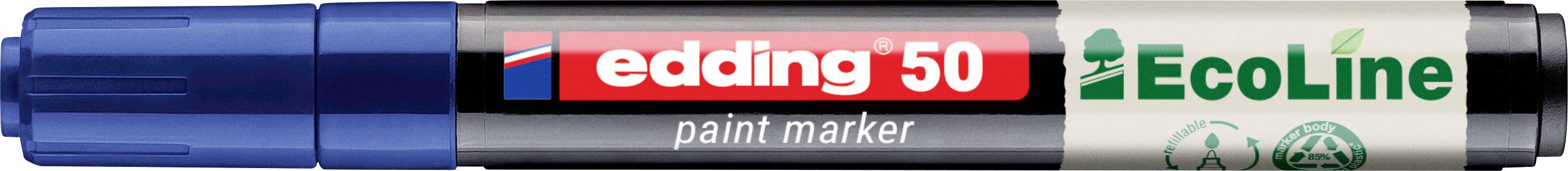 Marqueur de peinture Edding 50 EcoLine bleu avec bouchon sur la gauche et pointe noire sur la droite, étiqueté pour un usage écologique.