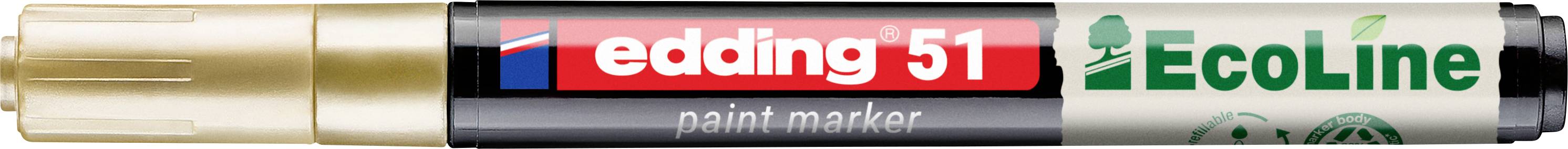 Un marqueur de peinture or étiqueté « edding 51 » et « EcoLine », présenté horizontalement sur un fond blanc.