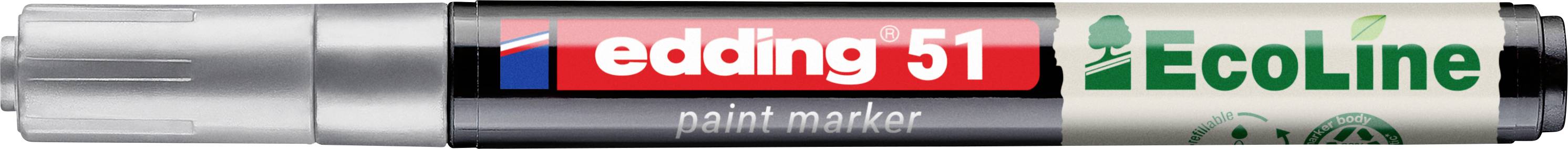 Marqueur de peinture Edding 51 blanc avec étiquette rouge et marque EcoLine verte, présenté horizontalement sur un fond gris.