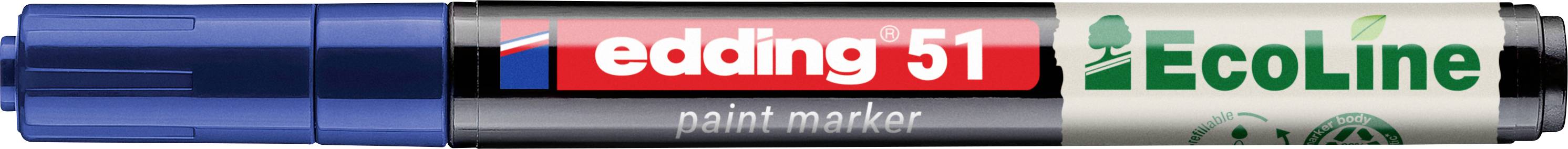 Gros plan d'un marqueur de peinture Edding 51 EcoLine avec un capuchon bleu et une étiquette noire, rouge et verte.