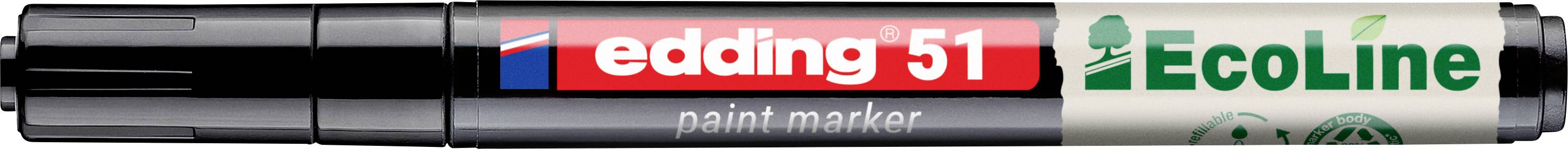 Un marqueur peinture Edding 51 EcoLine noir et argenté avec le logo Edding rouge et la marque EcoLine verte sur le corps du marqueur.