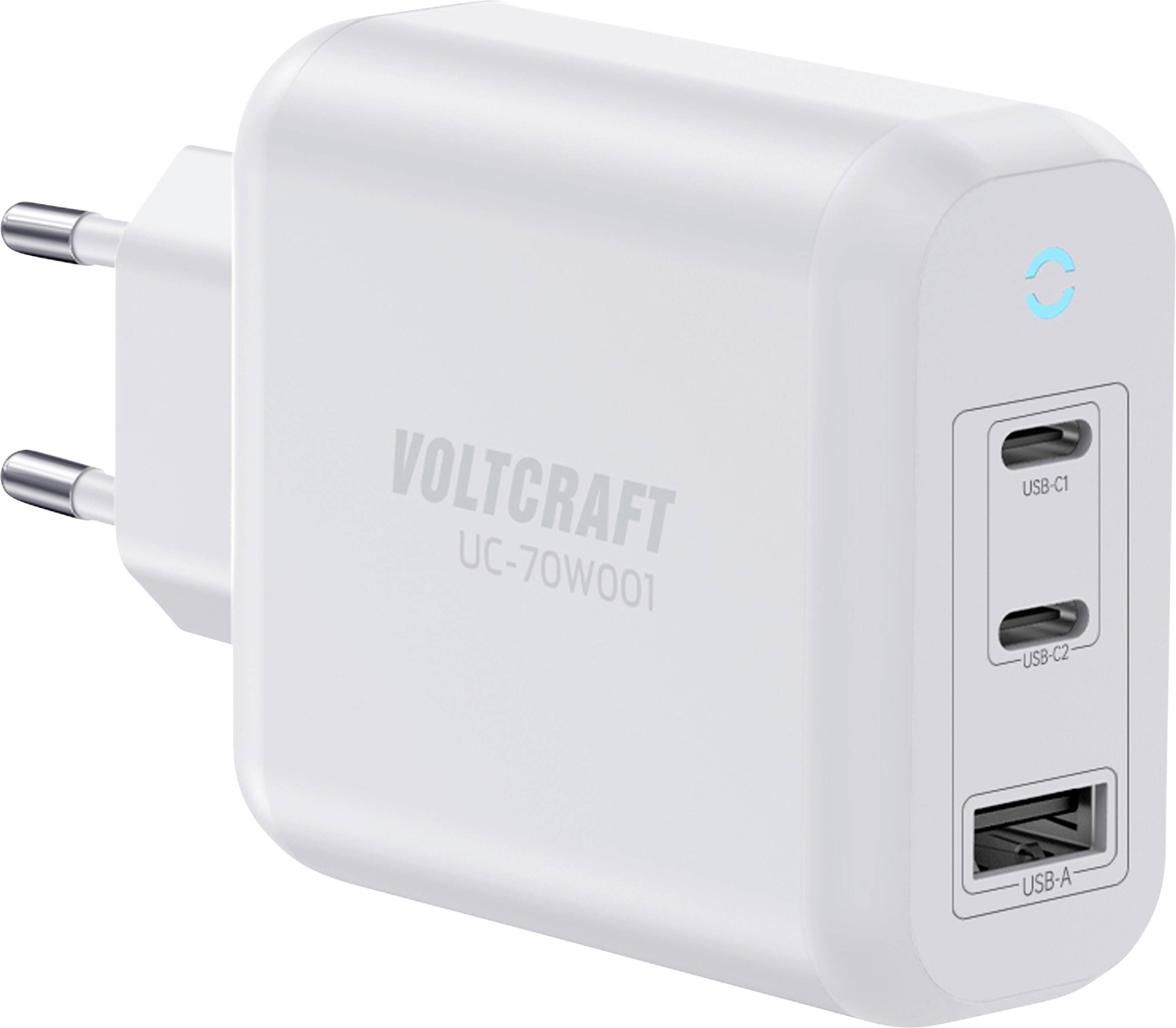 Chargeur mural VOLTCRAFT UC-70W001 blanc avec fiche EU et trois ports USB : USB-C1, USB-C2 et USB-A.