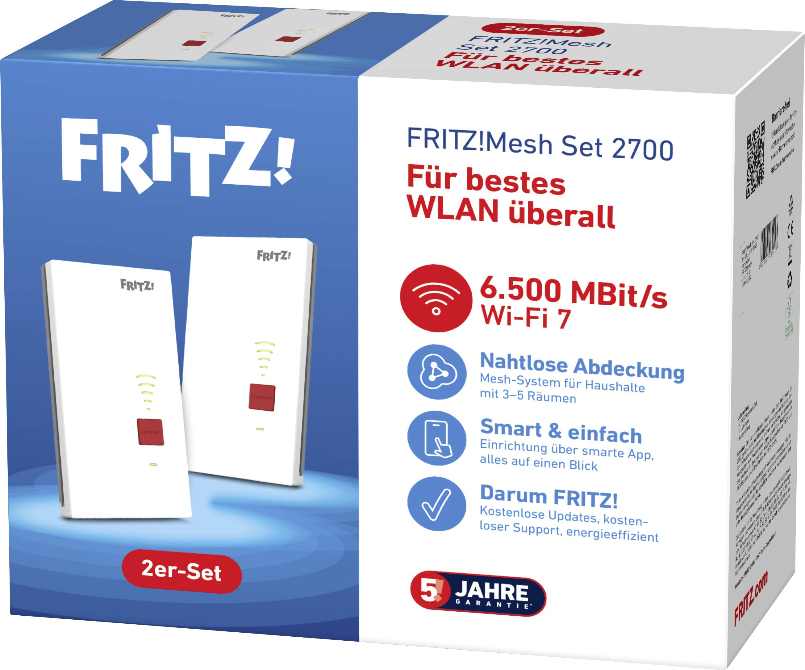 Ensemble FRITZ!Mesh 2700 avec deux appareils maillés blancs, publicité « 6.500 MBit/s Wi‑Fi 7 », couverture domestique transparente et complète, et « 5 ans de garantie ».