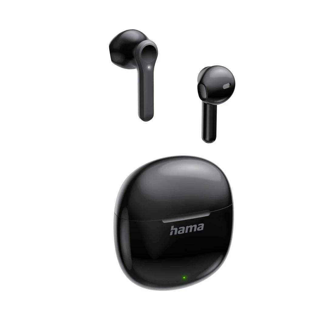Black Hama wireless earbuds with charging case on a white background, showing a small green indicator light on the case.