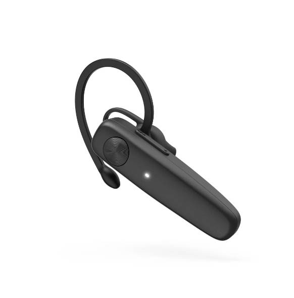 Casque d'écoute Bluetooth sans fil noir avec crochet contourant l'oreille, présenté sur un fond blanc.